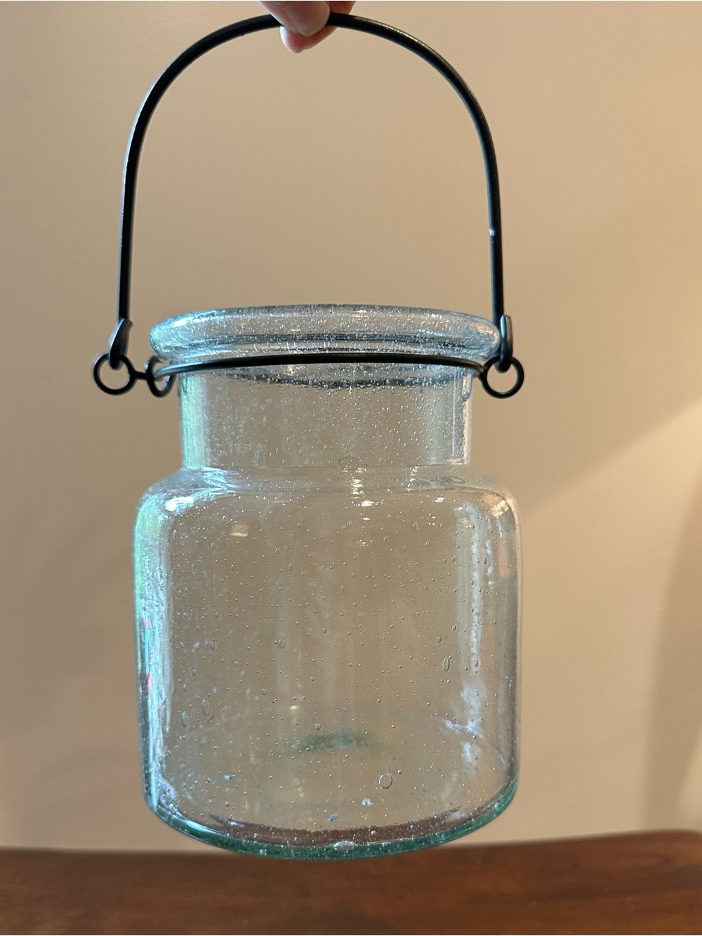 Vintage • Speckled, clear glass container • Hangable • Metal hanger